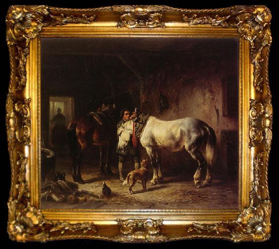 framed  Wouterus Verschuur Saddling the horses, ta009-2